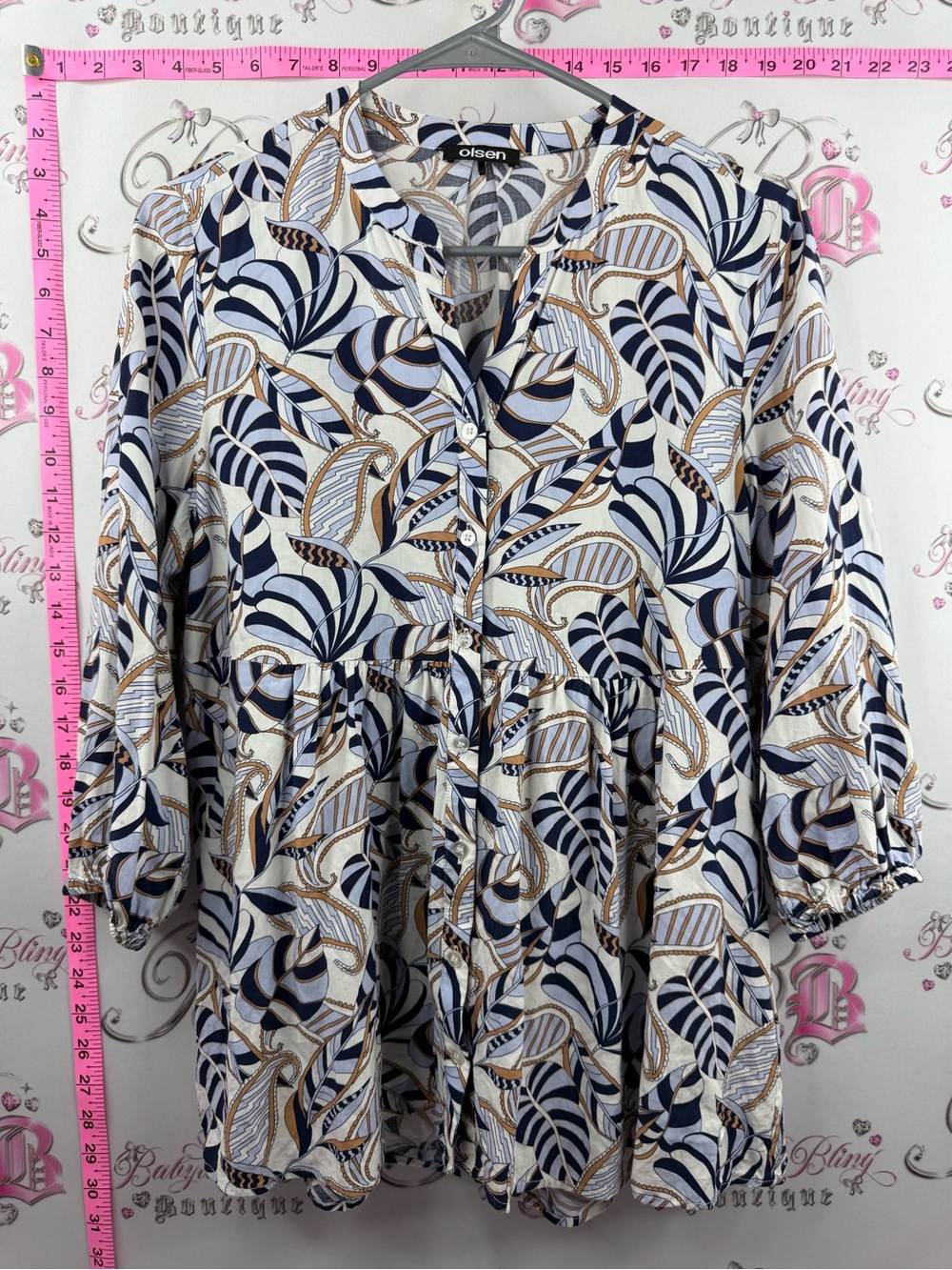 Olsen blouse bubble sleeve Navy, White & Brown Printed Button-Front Tunic